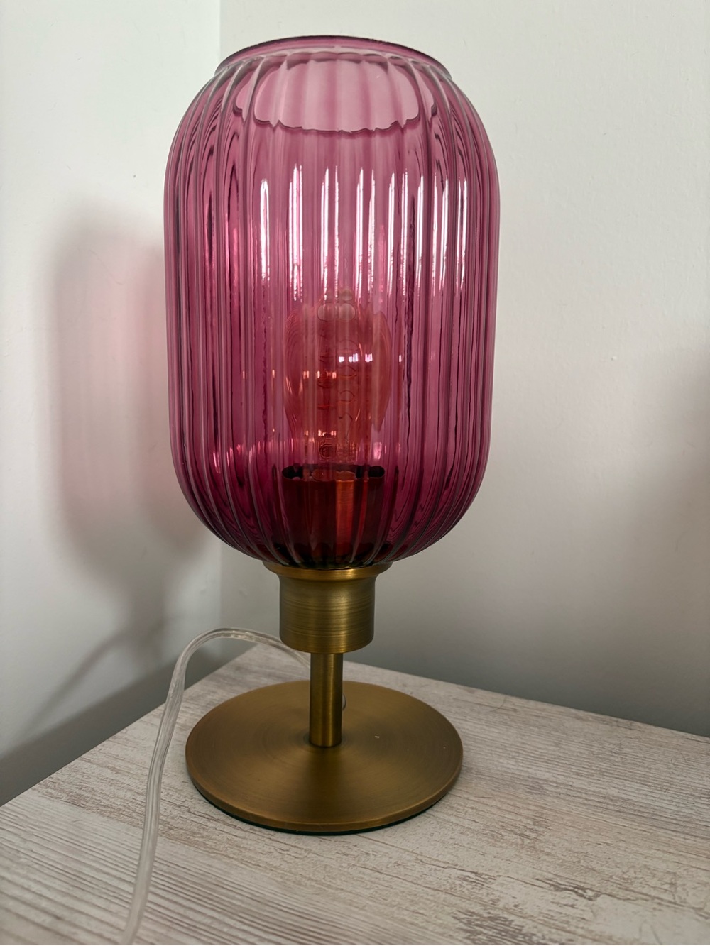 Purple Ribbed Glass Table Lamp with Brass Base